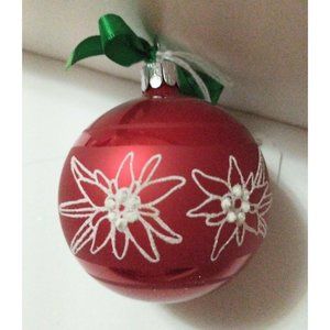 Czech Slovak Republic Glass Christmas Ornament Red White Pointsettia Ball 2.5"